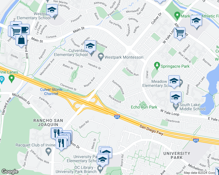 map of restaurants, bars, coffee shops, grocery stores, and more near 34 Rockwood in Irvine