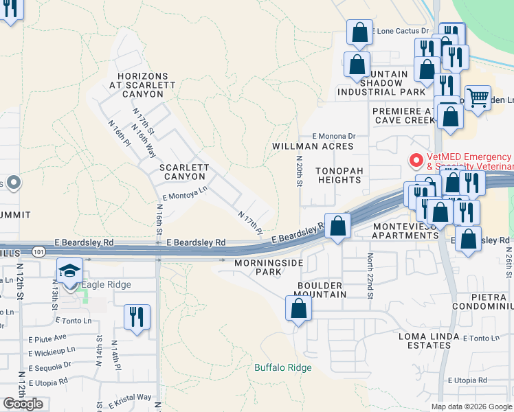 map of restaurants, bars, coffee shops, grocery stores, and more near 1732 East Blackhawk Drive in Phoenix