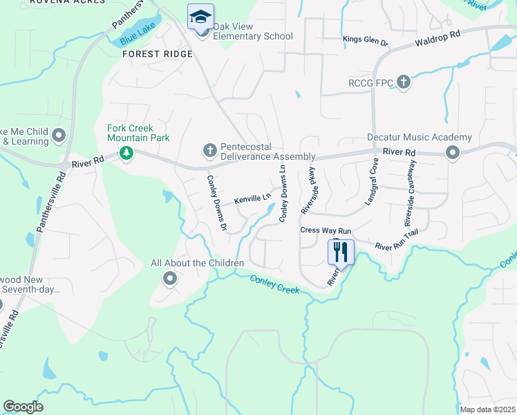 map of restaurants, bars, coffee shops, grocery stores, and more near 3881 Conley Downs Drive in Decatur
