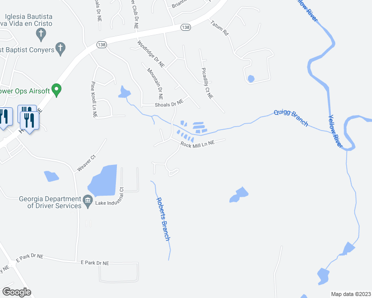 map of restaurants, bars, coffee shops, grocery stores, and more near 2316 Rockmill Lane Northeast in Conyers