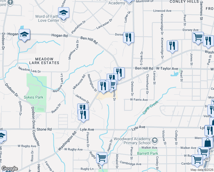 map of restaurants, bars, coffee shops, grocery stores, and more near 3099 Washington Road in East Point