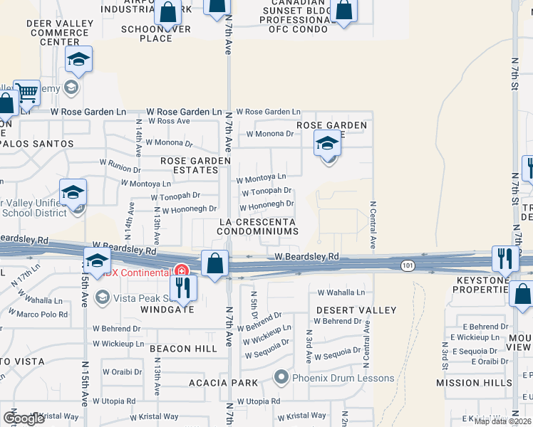 map of restaurants, bars, coffee shops, grocery stores, and more near 502 West Hononegh Drive in Phoenix