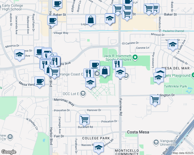 map of restaurants, bars, coffee shops, grocery stores, and more near 2701 Fairview Road in Costa Mesa