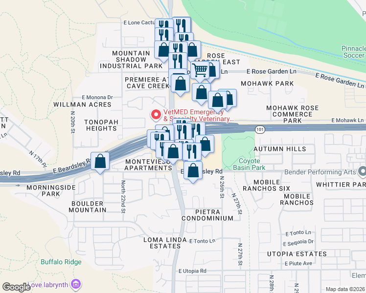 map of restaurants, bars, coffee shops, grocery stores, and more near 20235 North Cave Creek Road in Phoenix