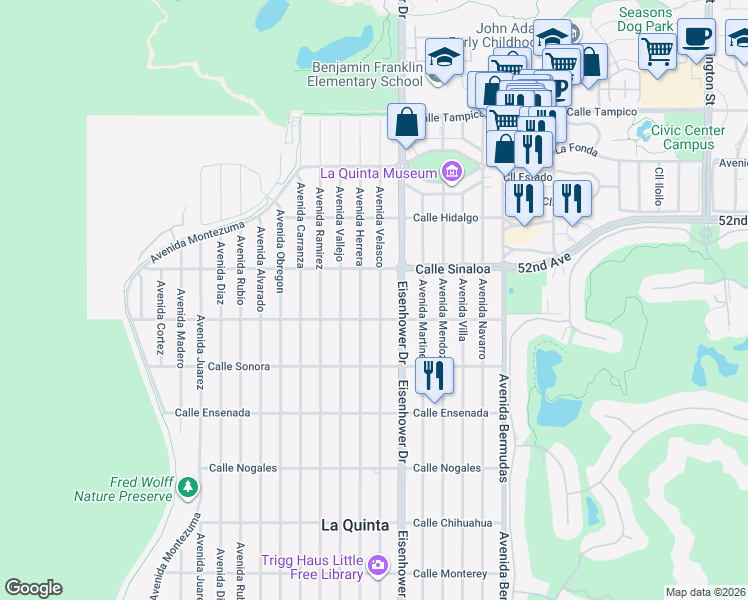 map of restaurants, bars, coffee shops, grocery stores, and more near 51905 Avenue Velasco in La Quinta