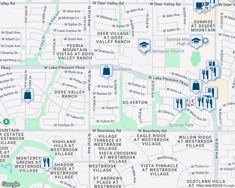 map of restaurants, bars, coffee shops, grocery stores, and more near 20497 North 89th Drive in Peoria