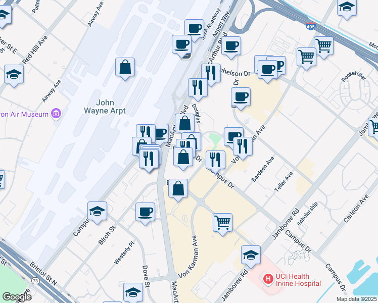 map of restaurants, bars, coffee shops, grocery stores, and more near 19000 Macarthur Boulevard in Irvine