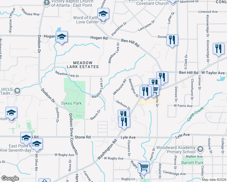 map of restaurants, bars, coffee shops, grocery stores, and more near 3053 McKenzie Road in East Point