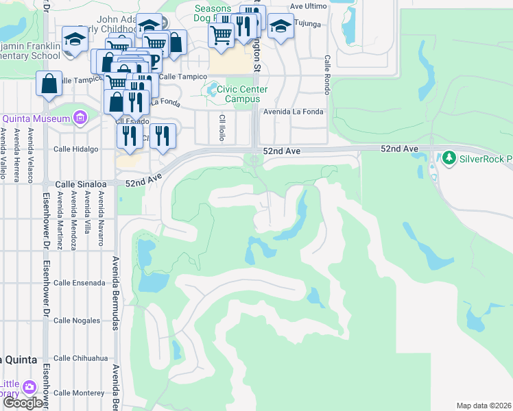 map of restaurants, bars, coffee shops, grocery stores, and more near 52123 Dunlevie Court in La Quinta