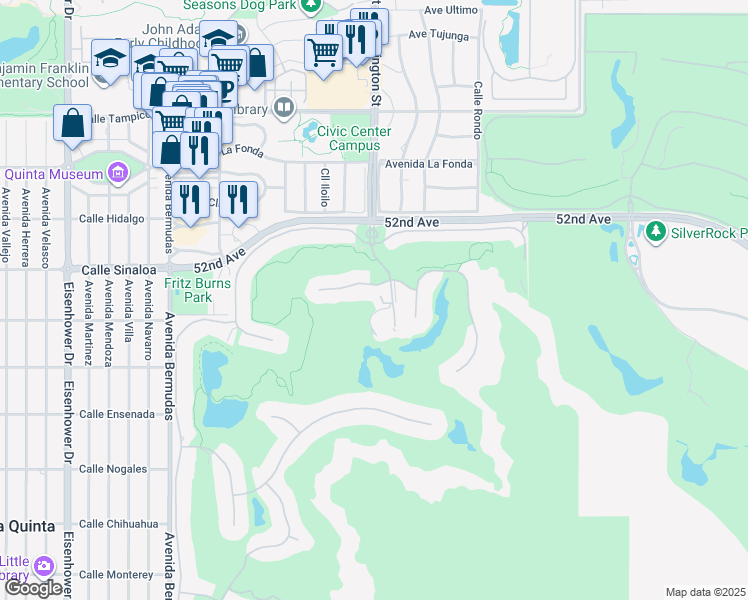 map of restaurants, bars, coffee shops, grocery stores, and more near 52123 Dunlevie Court in La Quinta