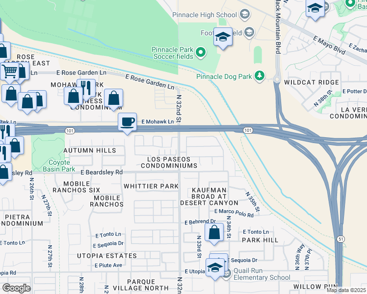 map of restaurants, bars, coffee shops, grocery stores, and more near 20417 North 31st Way in Phoenix