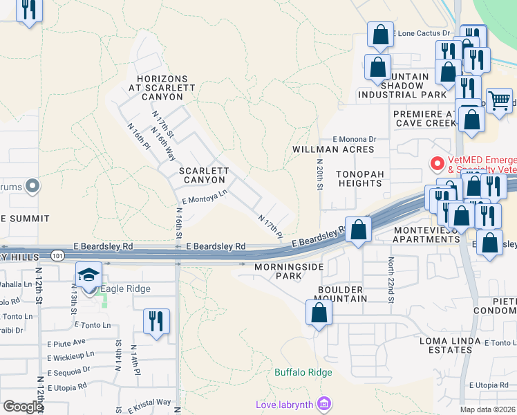 map of restaurants, bars, coffee shops, grocery stores, and more near 20414 North 17th Way in Phoenix