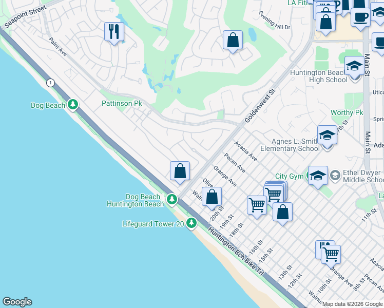 map of restaurants, bars, coffee shops, grocery stores, and more near 6615 Feather Drive in Huntington Beach