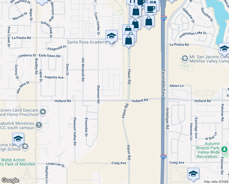 map of restaurants, bars, coffee shops, grocery stores, and more near 27555 Mountainside Street in Menifee