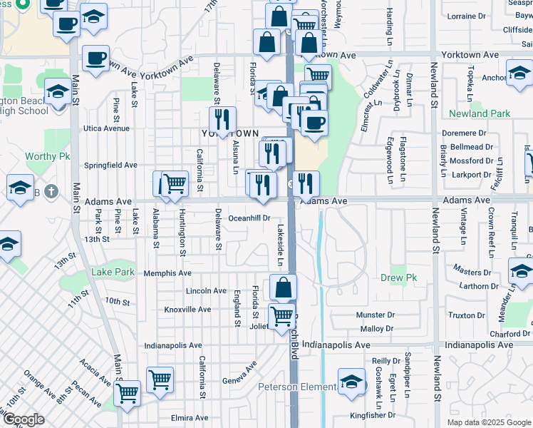 map of restaurants, bars, coffee shops, grocery stores, and more near 715 Oceanhill Drive in Huntington Beach