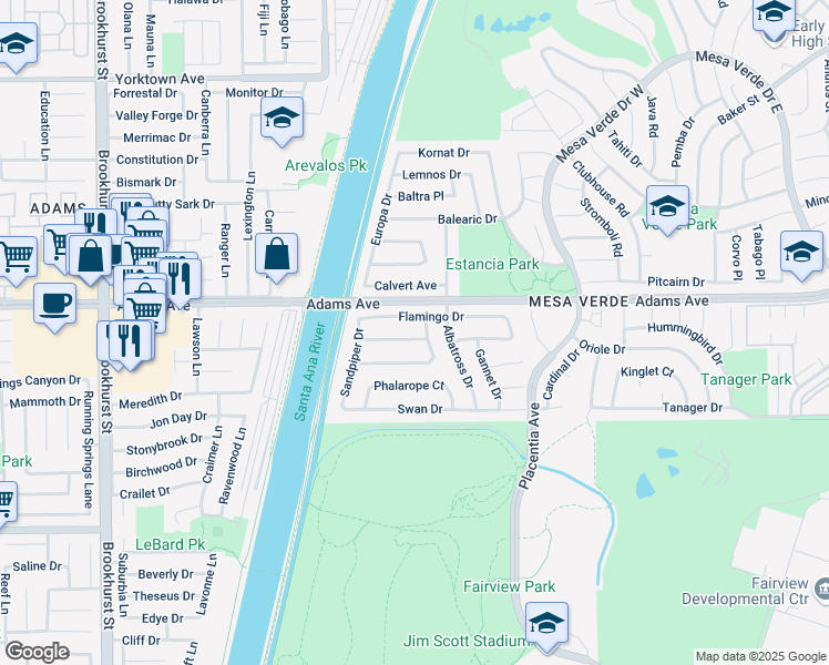 map of restaurants, bars, coffee shops, grocery stores, and more near 2030 Goldeneye Place in Costa Mesa