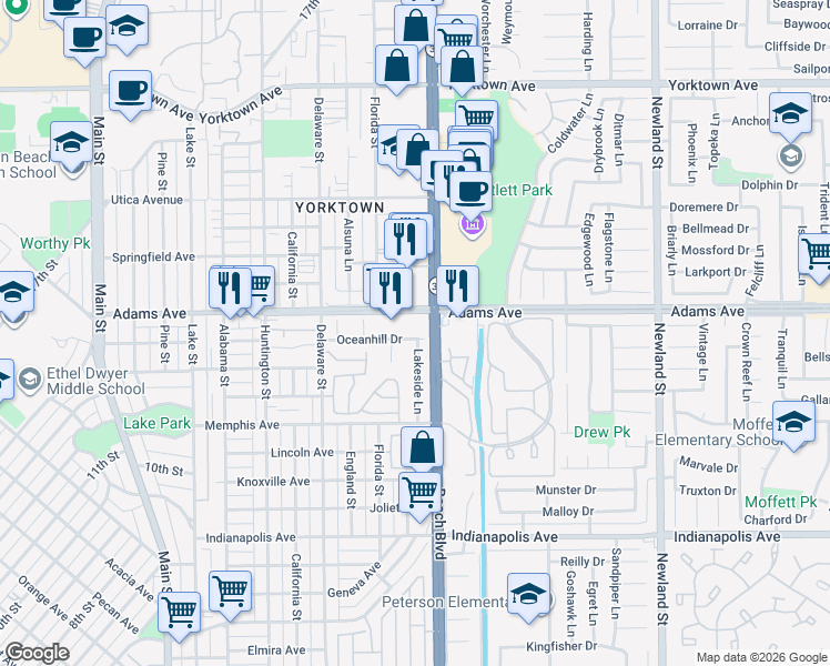 map of restaurants, bars, coffee shops, grocery stores, and more near 811 Oceanhill Drive in Huntington Beach