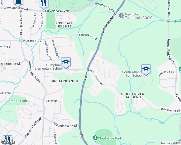 map of restaurants, bars, coffee shops, grocery stores, and more near 495 Hutchens Road Southeast in Atlanta