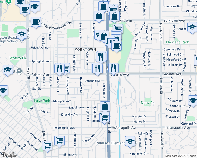 map of restaurants, bars, coffee shops, grocery stores, and more near 715 Oceanhill Drive in Huntington Beach
