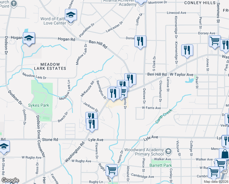 map of restaurants, bars, coffee shops, grocery stores, and more near 3099 Washington Road in East Point