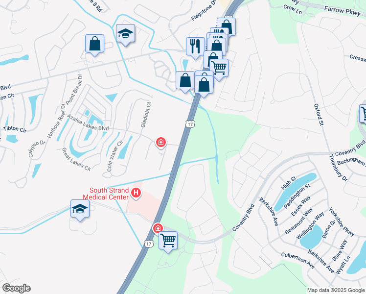 map of restaurants, bars, coffee shops, grocery stores, and more near U.S. 17 Bypass & Azalea Lakes Blvd in Myrtle Beach