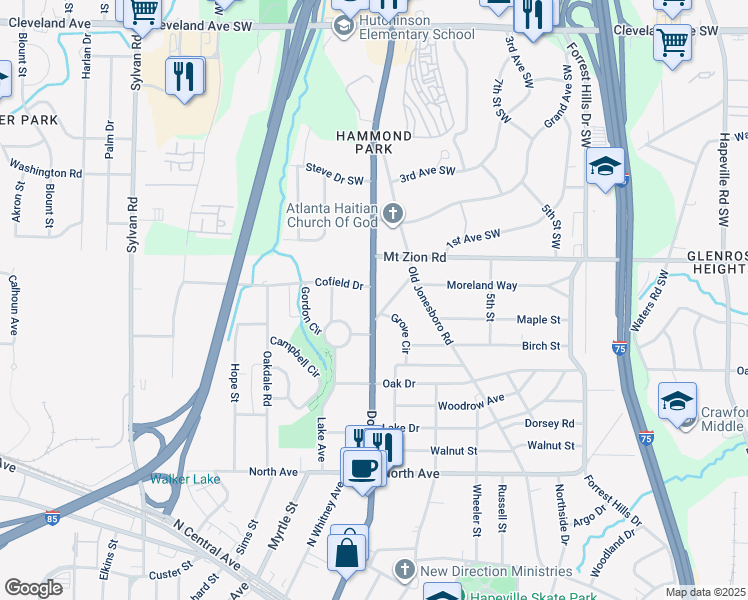 map of restaurants, bars, coffee shops, grocery stores, and more near 3044 Dogwood Drive in Hapeville