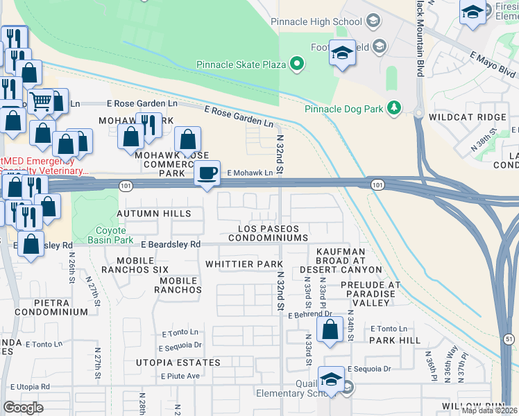 map of restaurants, bars, coffee shops, grocery stores, and more near 20414 North 31st Place in Phoenix