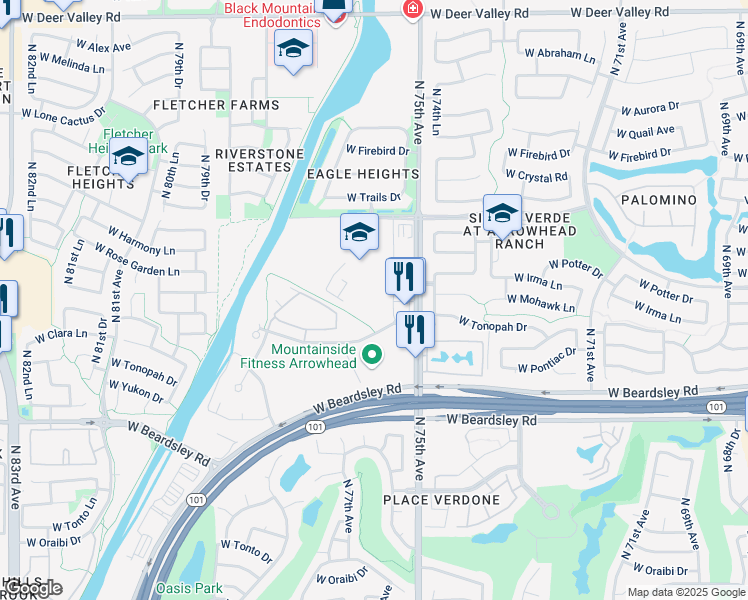 map of restaurants, bars, coffee shops, grocery stores, and more near 21000 North 75th Avenue in Glendale