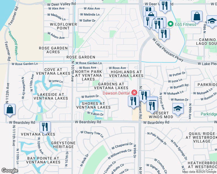 map of restaurants, bars, coffee shops, grocery stores, and more near 10359 West Burnett Road in Peoria