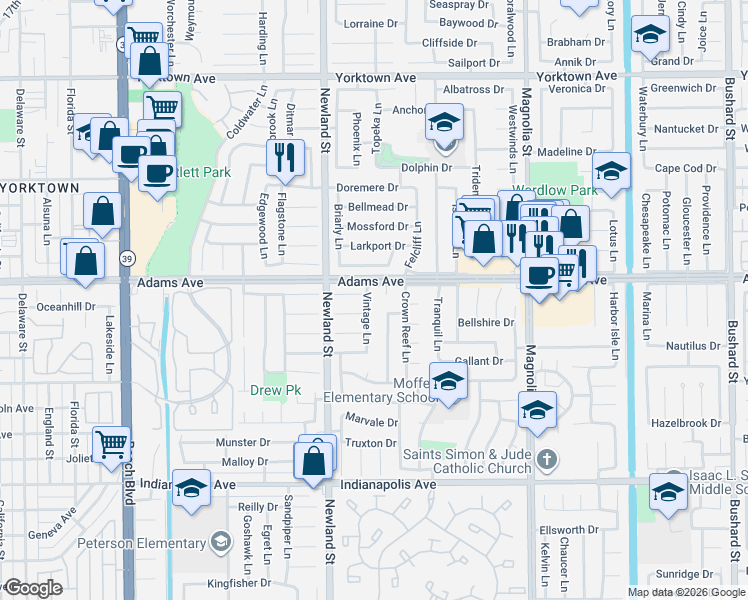 map of restaurants, bars, coffee shops, grocery stores, and more near 20012 Vintage Lane in Huntington Beach