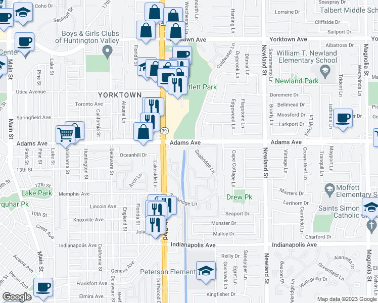 map of restaurants, bars, coffee shops, grocery stores, and more near 8082 Adams Avenue in Huntington Beach