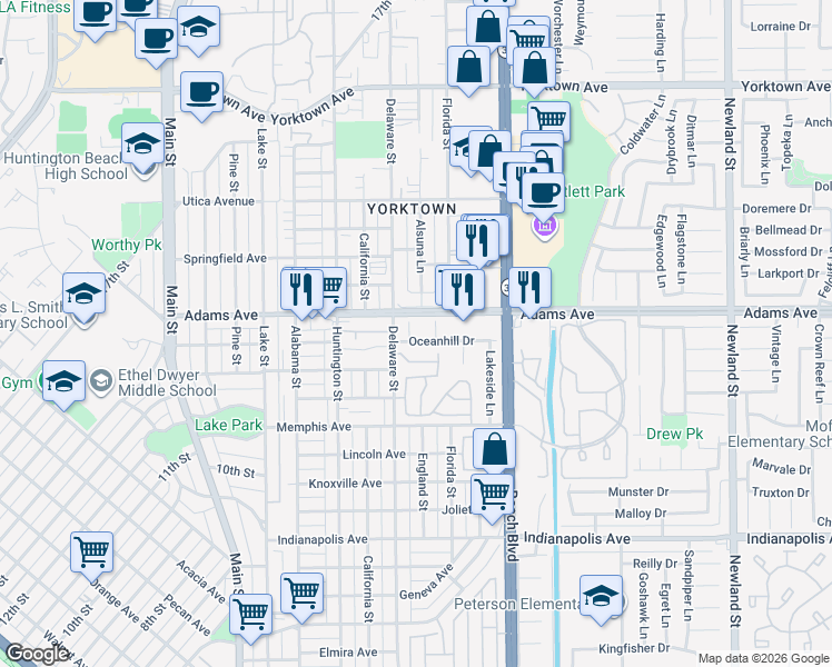 map of restaurants, bars, coffee shops, grocery stores, and more near 1617 Hillcrest Circle in Huntington Beach