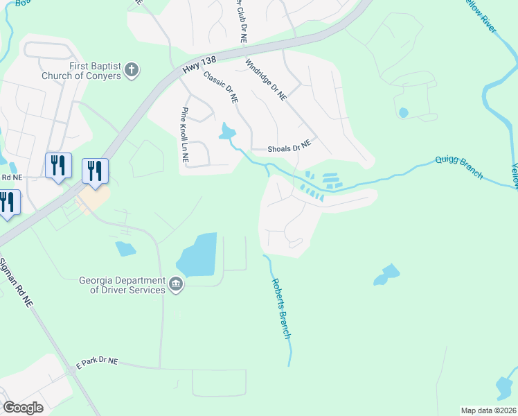map of restaurants, bars, coffee shops, grocery stores, and more near 2280 Bear Mountain Drive Northeast in Conyers