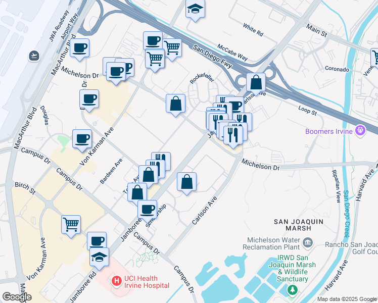 map of restaurants, bars, coffee shops, grocery stores, and more near 18633 Jamboree Road in Irvine
