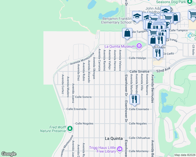 map of restaurants, bars, coffee shops, grocery stores, and more near 51830 Avenue Obregon in La Quinta