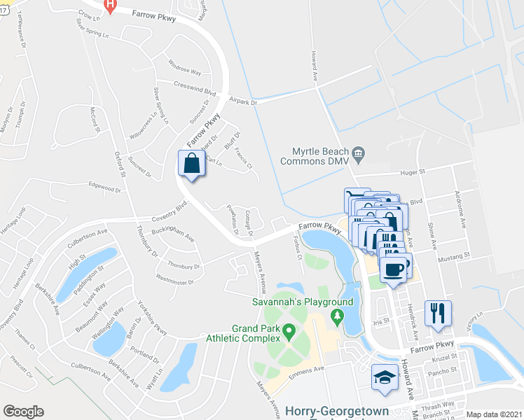 map of restaurants, bars, coffee shops, grocery stores, and more near 1366 Wycliffe Drive in Myrtle Beach