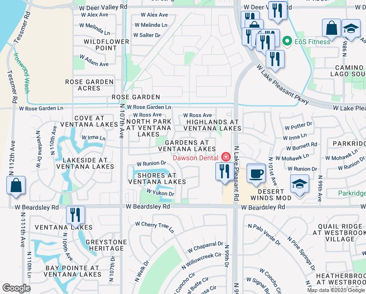 map of restaurants, bars, coffee shops, grocery stores, and more near 10359 West Burnett Road in Peoria