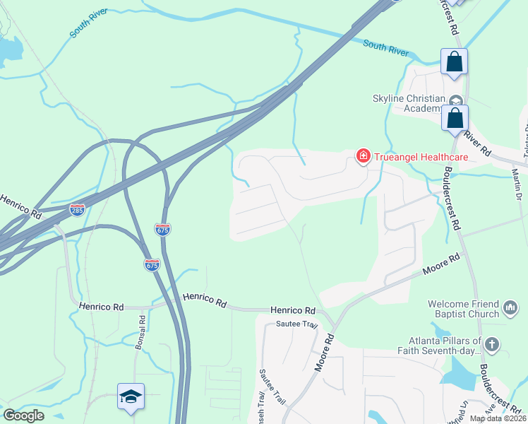 map of restaurants, bars, coffee shops, grocery stores, and more near 1864 Wanda Way in Ellenwood