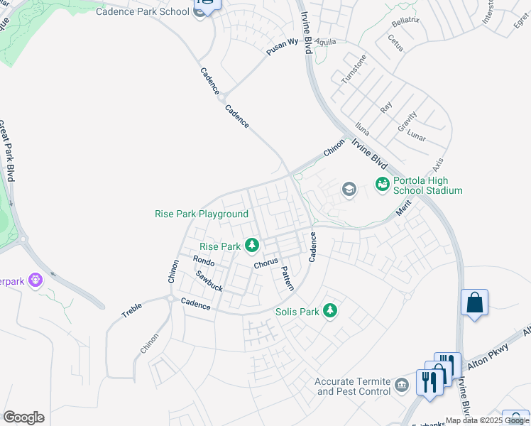 map of restaurants, bars, coffee shops, grocery stores, and more near 104 Draw in Irvine
