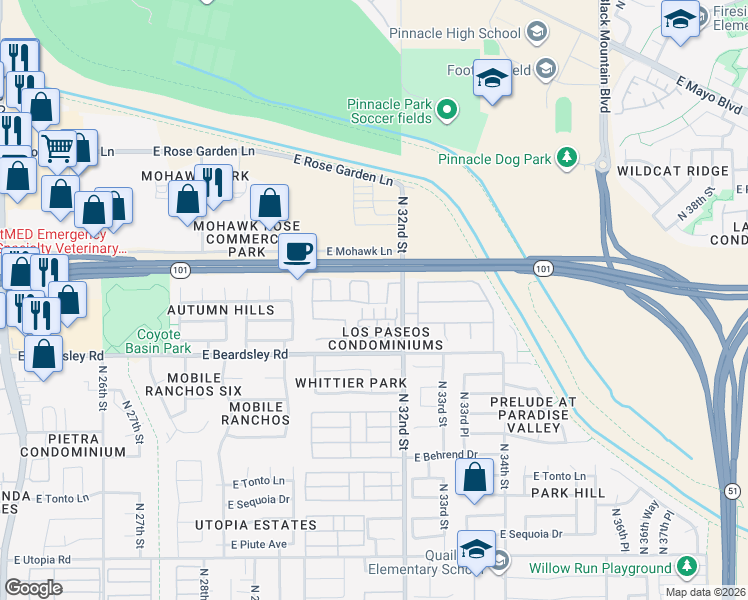 map of restaurants, bars, coffee shops, grocery stores, and more near 20403 North 31st Place in Phoenix