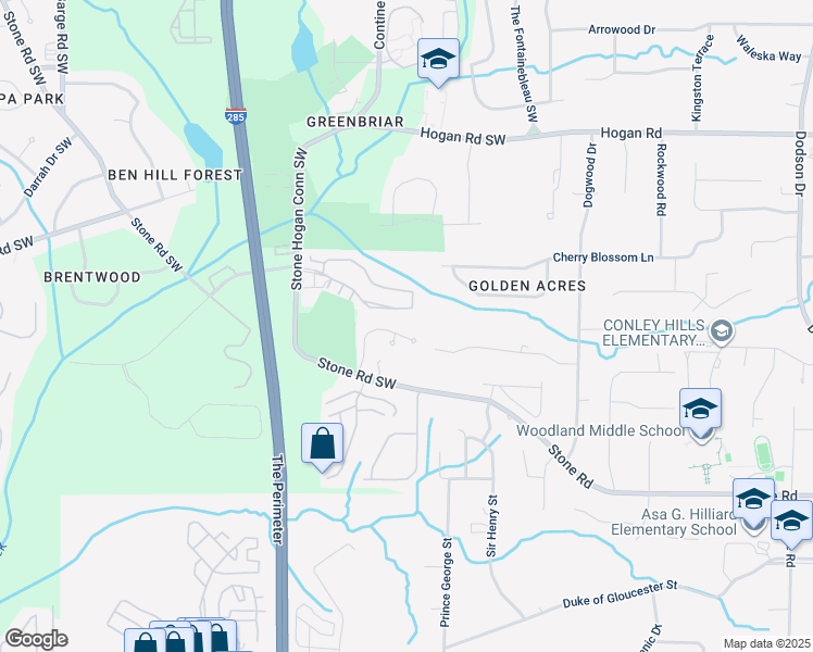 map of restaurants, bars, coffee shops, grocery stores, and more near 3119 Stonegate Drive in Atlanta