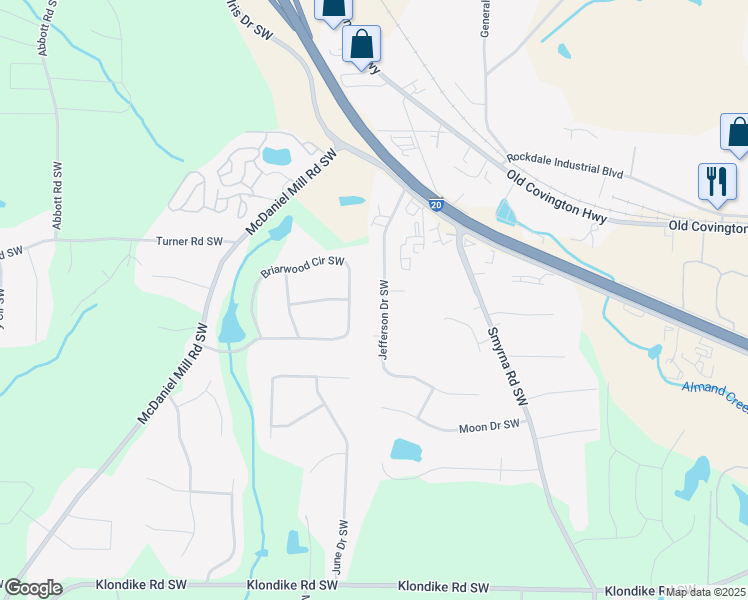 map of restaurants, bars, coffee shops, grocery stores, and more near 2266 Briarwood Circle Southwest in Conyers