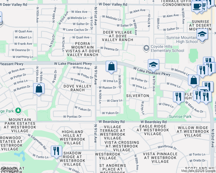 map of restaurants, bars, coffee shops, grocery stores, and more near 9021 West Irma Lane in Peoria