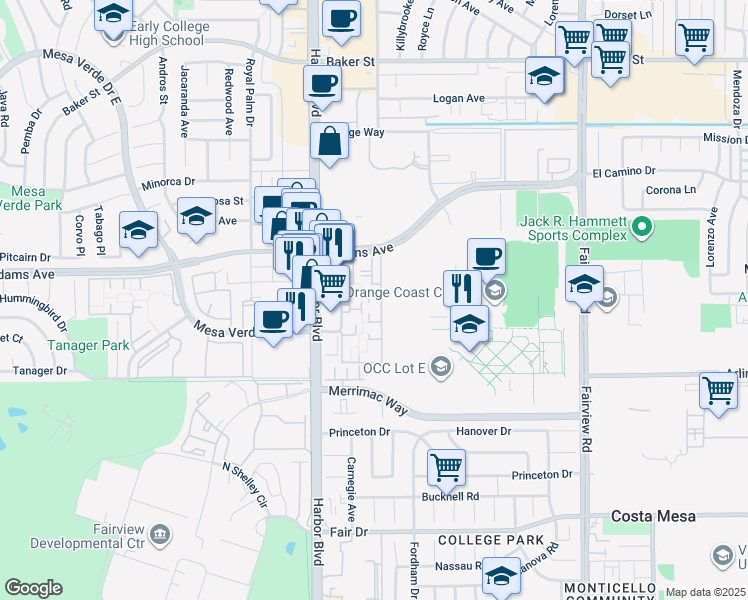 map of restaurants, bars, coffee shops, grocery stores, and more near 2700 Peterson Place in Costa Mesa