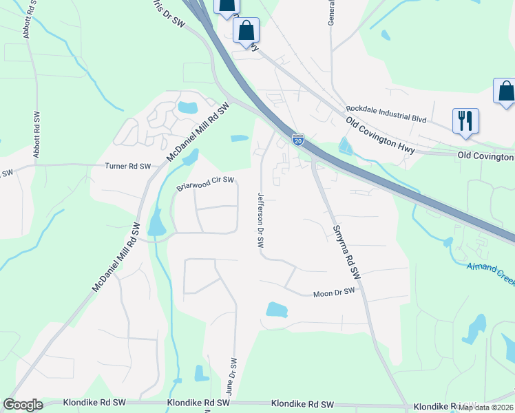 map of restaurants, bars, coffee shops, grocery stores, and more near 801 Jefferson Court in Conyers