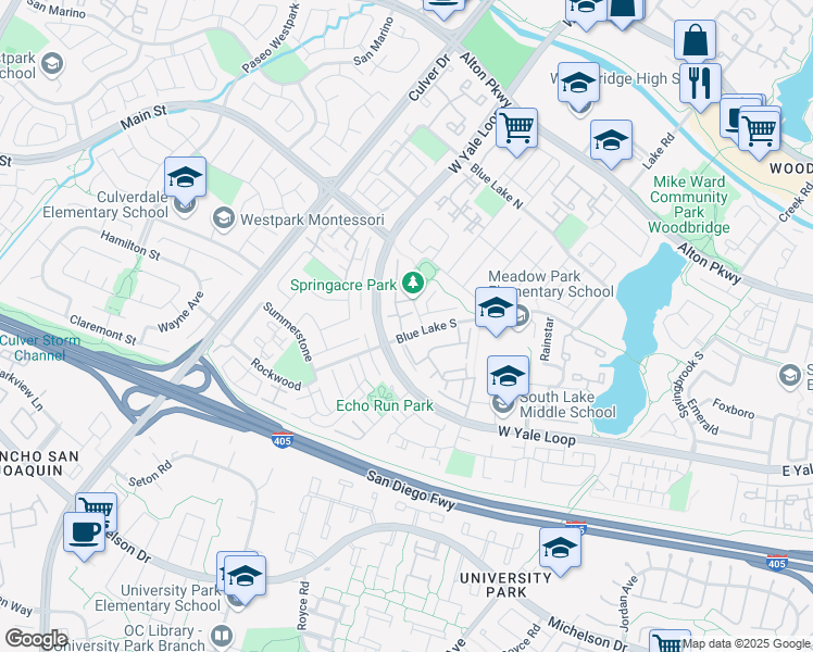 map of restaurants, bars, coffee shops, grocery stores, and more near 57 Claret in Irvine
