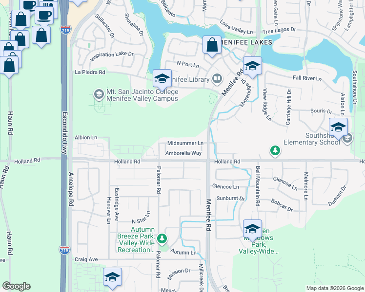 map of restaurants, bars, coffee shops, grocery stores, and more near 28613 Midsummer Lane in Menifee