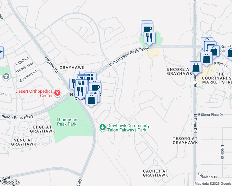 map of restaurants, bars, coffee shops, grocery stores, and more near North Grayhawk Drive in Scottsdale