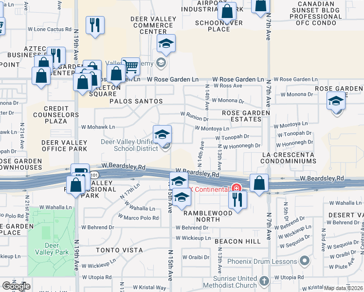 map of restaurants, bars, coffee shops, grocery stores, and more near 1441 West Tonopah Drive in Phoenix