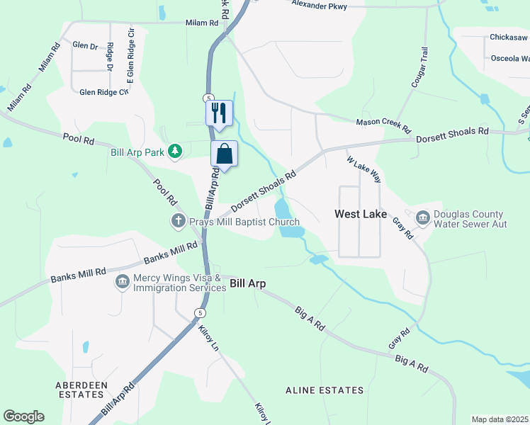 map of restaurants, bars, coffee shops, grocery stores, and more near 4938 Cedar Lake Terrace in Douglasville